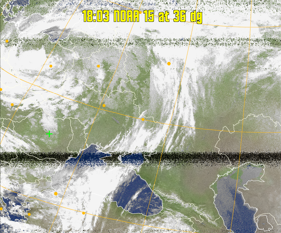 MCIR-precip: 
Colours the NOAA sensor 4 IR image using a map to colour the sea blue and land
green. High clouds appear white, lower clouds gray or land/sea coloured, clouds
generally appear lighter, but distinguishing between land/sea and low cloud may
be difficult. Darker colours indicate warmer regions.