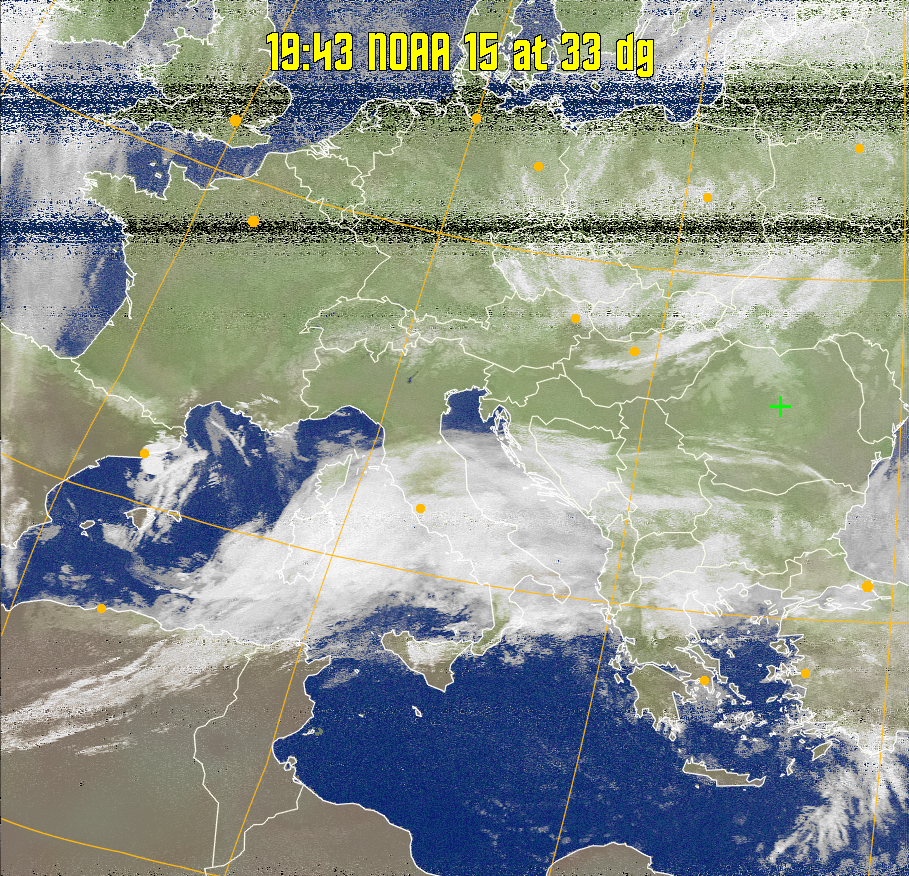 MCIR-precip: 
Colours the NOAA sensor 4 IR image using a map to colour the sea blue and land
green. High clouds appear white, lower clouds gray or land/sea coloured, clouds
generally appear lighter, but distinguishing between land/sea and low cloud may
be difficult. Darker colours indicate warmer regions.