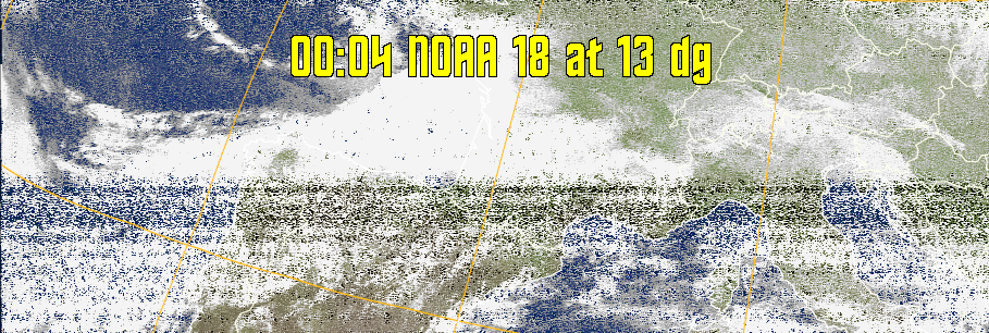 MCIR-precip: 
Colours the NOAA sensor 4 IR image using a map to colour the sea blue and land
green. High clouds appear white, lower clouds gray or land/sea coloured, clouds
generally appear lighter, but distinguishing between land/sea and low cloud may
be difficult. Darker colours indicate warmer regions.