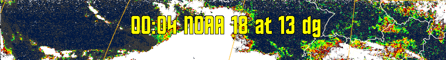 MSA-precip:
Same as MSA multispectral analysis, but high cold cloud tops are coloured the
same as the NO enhancement to give an approximate indication of the probability
and intensity of precipitation.