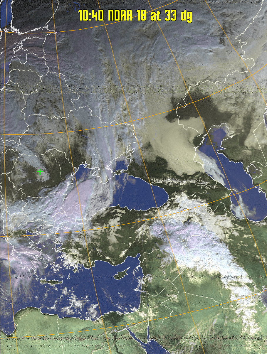 HVCT:
Similar to HVC, but with blue water and with colours more indicative of
land temperatures.
HVC:
Creates a false colour image from NOAA APT images based on temperature using
the HVC colour model. Uses the temperature derived from the sensor 4 image to
select the hue and the brightness from the histogram equalised other image to
select the value and chroma. The HVC colour model attempts to ensure that different colours at the same value will appear to the eye to be the same brightness
and the spacing between colours representing each degree will appear to the eye to
be similar. Bright areas are completely unsaturated in this model.