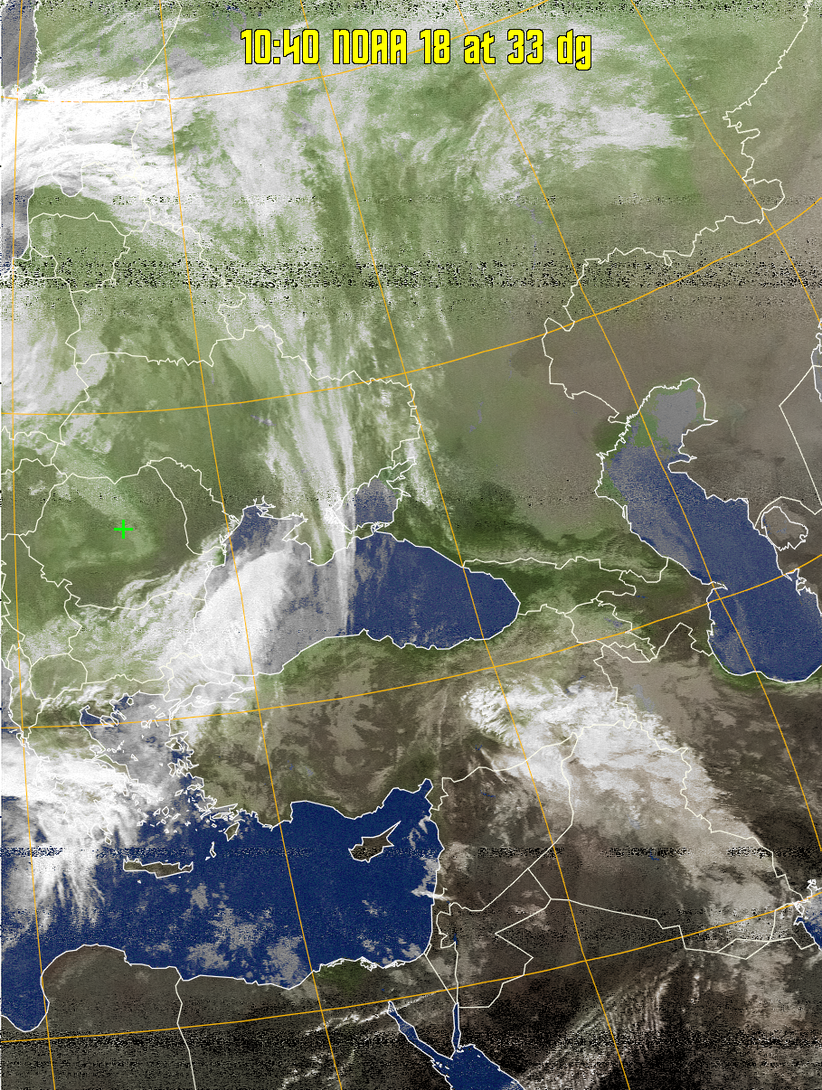 MCIR-precip: 
Colours the NOAA sensor 4 IR image using a map to colour the sea blue and land
green. High clouds appear white, lower clouds gray or land/sea coloured, clouds
generally appear lighter, but distinguishing between land/sea and low cloud may
be difficult. Darker colours indicate warmer regions.