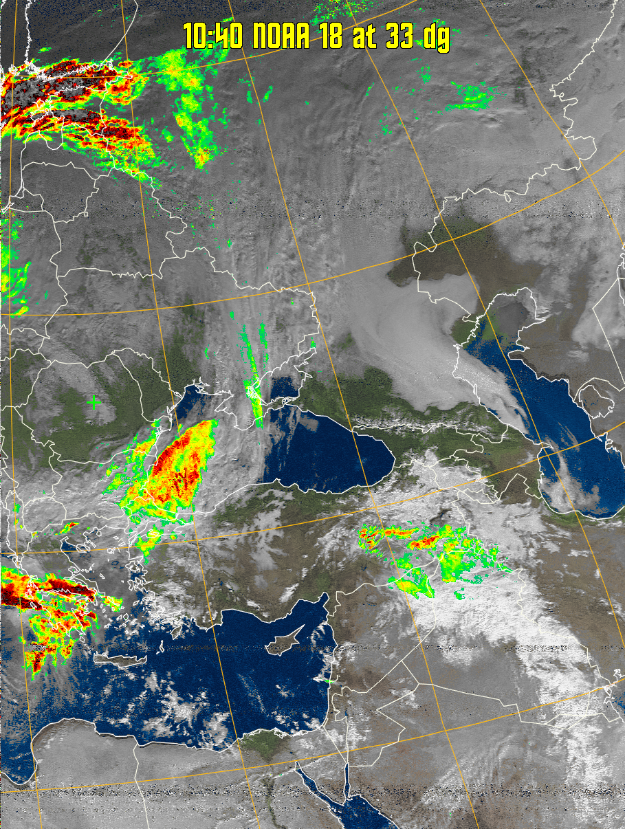 MSA-precip:
Same as MSA multispectral analysis, but high cold cloud tops are coloured the
same as the NO enhancement to give an approximate indication of the probability
and intensity of precipitation.