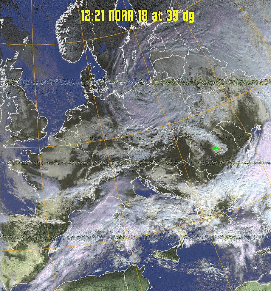 HVCT:
Similar to HVC, but with blue water and with colours more indicative of
land temperatures.
HVC:
Creates a false colour image from NOAA APT images based on temperature using
the HVC colour model. Uses the temperature derived from the sensor 4 image to
select the hue and the brightness from the histogram equalised other image to
select the value and chroma. The HVC colour model attempts to ensure that different colours at the same value will appear to the eye to be the same brightness
and the spacing between colours representing each degree will appear to the eye to
be similar. Bright areas are completely unsaturated in this model.