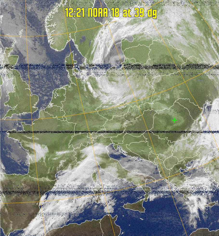 MCIR-precip: 
Colours the NOAA sensor 4 IR image using a map to colour the sea blue and land
green. High clouds appear white, lower clouds gray or land/sea coloured, clouds
generally appear lighter, but distinguishing between land/sea and low cloud may
be difficult. Darker colours indicate warmer regions.