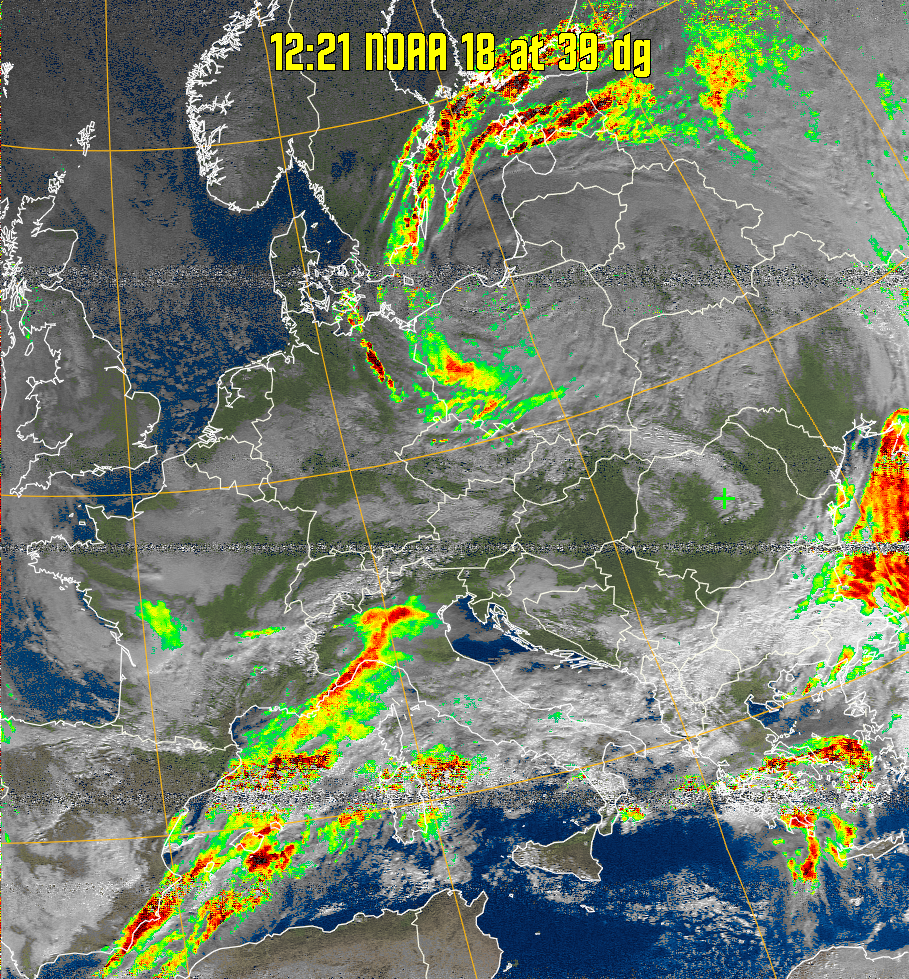 MSA-precip:
Same as MSA multispectral analysis, but high cold cloud tops are coloured the
same as the NO enhancement to give an approximate indication of the probability
and intensity of precipitation.