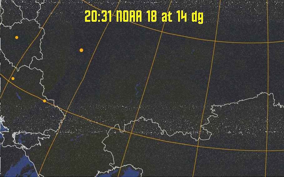 HVCT:
Similar to HVC, but with blue water and with colours more indicative of
land temperatures.
HVC:
Creates a false colour image from NOAA APT images based on temperature using
the HVC colour model. Uses the temperature derived from the sensor 4 image to
select the hue and the brightness from the histogram equalised other image to
select the value and chroma. The HVC colour model attempts to ensure that different colours at the same value will appear to the eye to be the same brightness
and the spacing between colours representing each degree will appear to the eye to
be similar. Bright areas are completely unsaturated in this model.