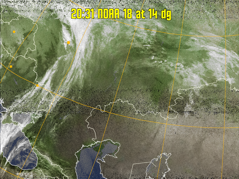 MCIR-precip: 
Colours the NOAA sensor 4 IR image using a map to colour the sea blue and land
green. High clouds appear white, lower clouds gray or land/sea coloured, clouds
generally appear lighter, but distinguishing between land/sea and low cloud may
be difficult. Darker colours indicate warmer regions.