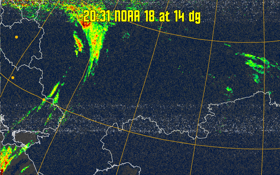 MSA-precip:
Same as MSA multispectral analysis, but high cold cloud tops are coloured the
same as the NO enhancement to give an approximate indication of the probability
and intensity of precipitation.