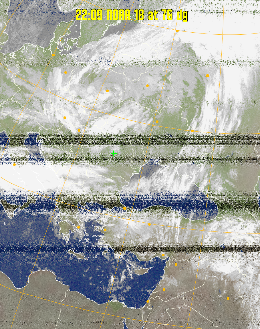 MCIR-precip: 
Colours the NOAA sensor 4 IR image using a map to colour the sea blue and land
green. High clouds appear white, lower clouds gray or land/sea coloured, clouds
generally appear lighter, but distinguishing between land/sea and low cloud may
be difficult. Darker colours indicate warmer regions.