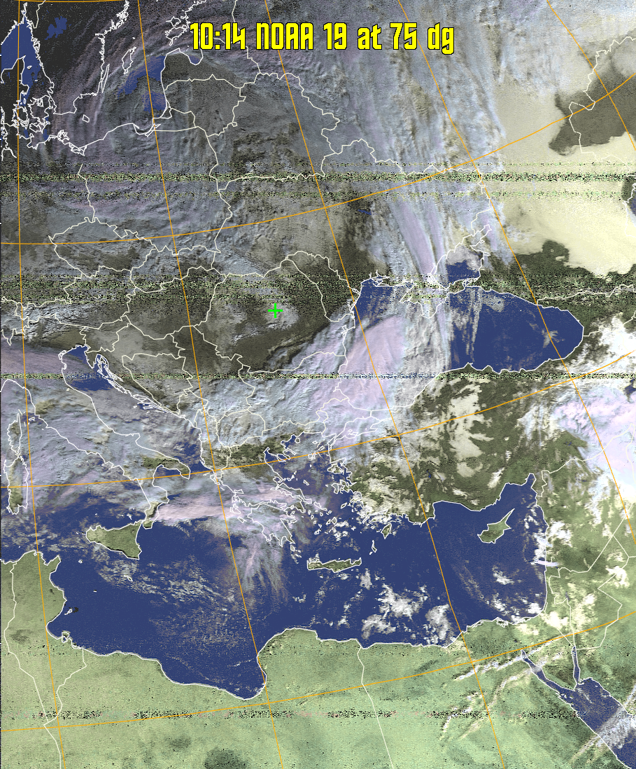 HVCT:
Similar to HVC, but with blue water and with colours more indicative of
land temperatures.
HVC:
Creates a false colour image from NOAA APT images based on temperature using
the HVC colour model. Uses the temperature derived from the sensor 4 image to
select the hue and the brightness from the histogram equalised other image to
select the value and chroma. The HVC colour model attempts to ensure that different colours at the same value will appear to the eye to be the same brightness
and the spacing between colours representing each degree will appear to the eye to
be similar. Bright areas are completely unsaturated in this model.