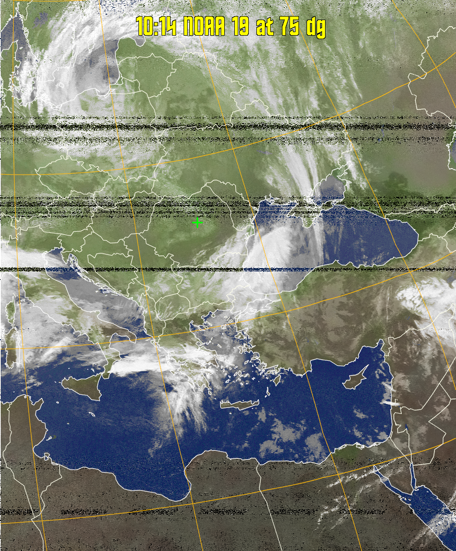 MCIR-precip: 
Colours the NOAA sensor 4 IR image using a map to colour the sea blue and land
green. High clouds appear white, lower clouds gray or land/sea coloured, clouds
generally appear lighter, but distinguishing between land/sea and low cloud may
be difficult. Darker colours indicate warmer regions.