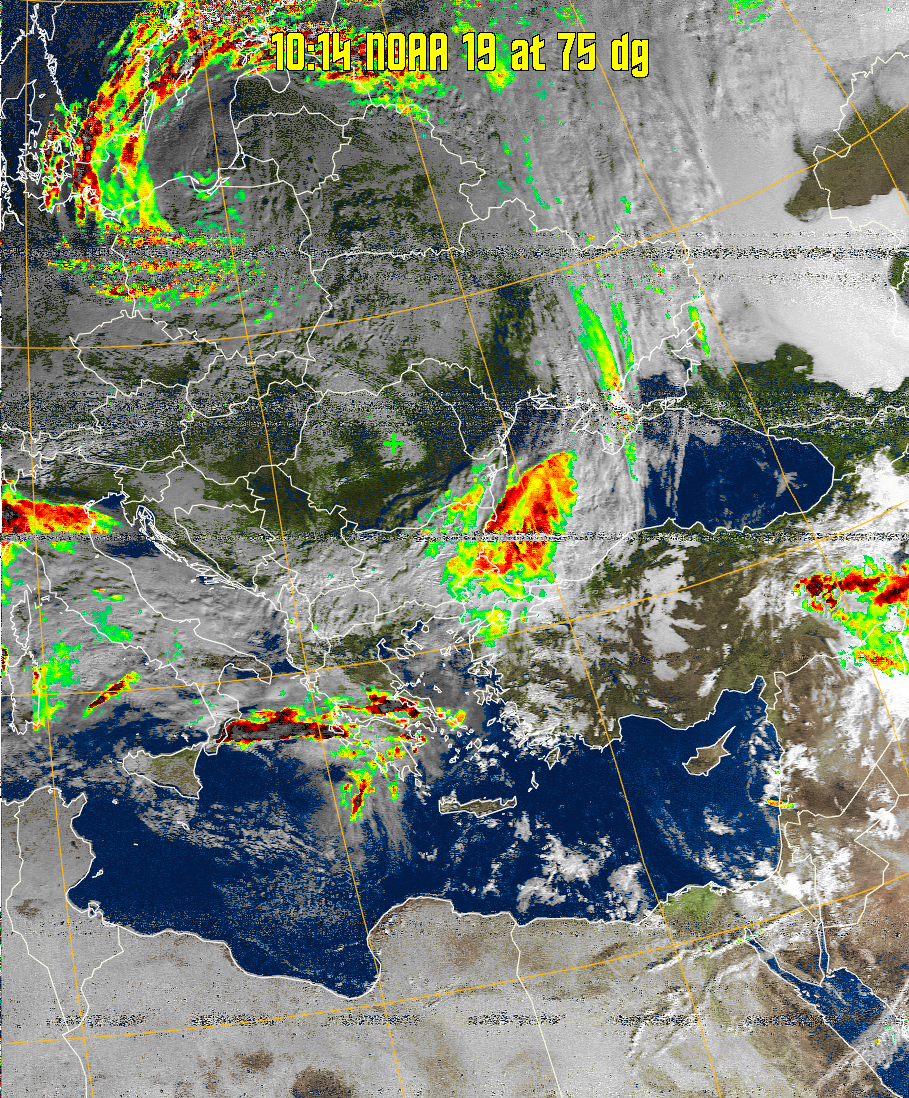 MSA-precip:
Same as MSA multispectral analysis, but high cold cloud tops are coloured the
same as the NO enhancement to give an approximate indication of the probability
and intensity of precipitation.