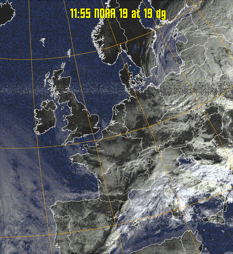 HVCT:
Similar to HVC, but with blue water and with colours more indicative of
land temperatures.
HVC:
Creates a false colour image from NOAA APT images based on temperature using
the HVC colour model. Uses the temperature derived from the sensor 4 image to
select the hue and the brightness from the histogram equalised other image to
select the value and chroma. The HVC colour model attempts to ensure that different colours at the same value will appear to the eye to be the same brightness
and the spacing between colours representing each degree will appear to the eye to
be similar. Bright areas are completely unsaturated in this model.