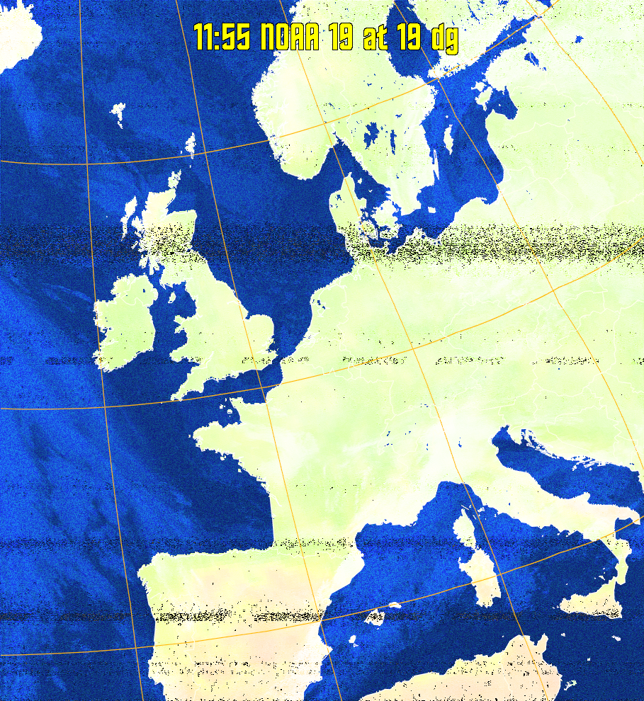 MCIR-precip: 
Colours the NOAA sensor 4 IR image using a map to colour the sea blue and land
green. High clouds appear white, lower clouds gray or land/sea coloured, clouds
generally appear lighter, but distinguishing between land/sea and low cloud may
be difficult. Darker colours indicate warmer regions.