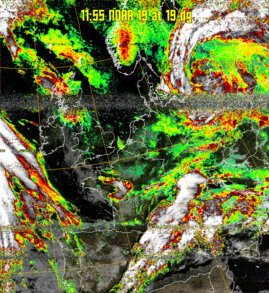 MSA-precip:
Same as MSA multispectral analysis, but high cold cloud tops are coloured the
same as the NO enhancement to give an approximate indication of the probability
and intensity of precipitation.