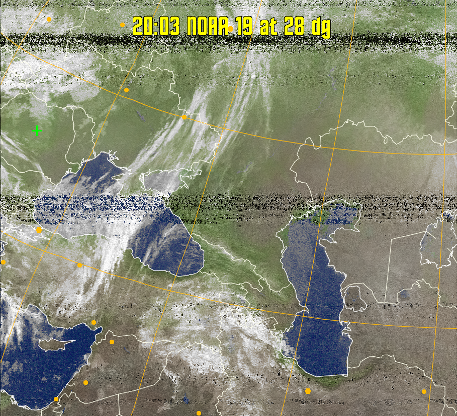 MCIR-precip: 
Colours the NOAA sensor 4 IR image using a map to colour the sea blue and land
green. High clouds appear white, lower clouds gray or land/sea coloured, clouds
generally appear lighter, but distinguishing between land/sea and low cloud may
be difficult. Darker colours indicate warmer regions.