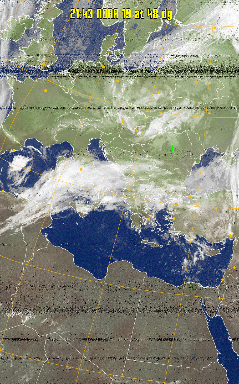 MCIR-precip: 
Colours the NOAA sensor 4 IR image using a map to colour the sea blue and land
green. High clouds appear white, lower clouds gray or land/sea coloured, clouds
generally appear lighter, but distinguishing between land/sea and low cloud may
be difficult. Darker colours indicate warmer regions.