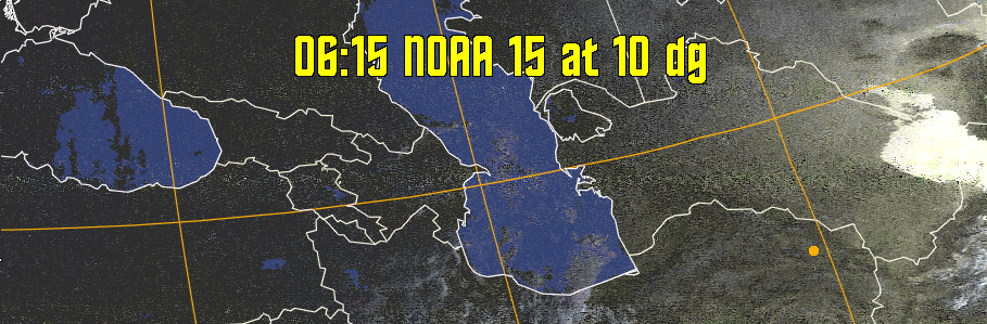 HVCT:
Similar to HVC, but with blue water and with colours more indicative of
land temperatures.
HVC:
Creates a false colour image from NOAA APT images based on temperature using
the HVC colour model. Uses the temperature derived from the sensor 4 image to
select the hue and the brightness from the histogram equalised other image to
select the value and chroma. The HVC colour model attempts to ensure that different colours at the same value will appear to the eye to be the same brightness
and the spacing between colours representing each degree will appear to the eye to
be similar. Bright areas are completely unsaturated in this model.