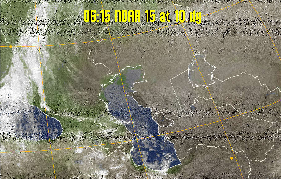 MCIR-precip: 
Colours the NOAA sensor 4 IR image using a map to colour the sea blue and land
green. High clouds appear white, lower clouds gray or land/sea coloured, clouds
generally appear lighter, but distinguishing between land/sea and low cloud may
be difficult. Darker colours indicate warmer regions.