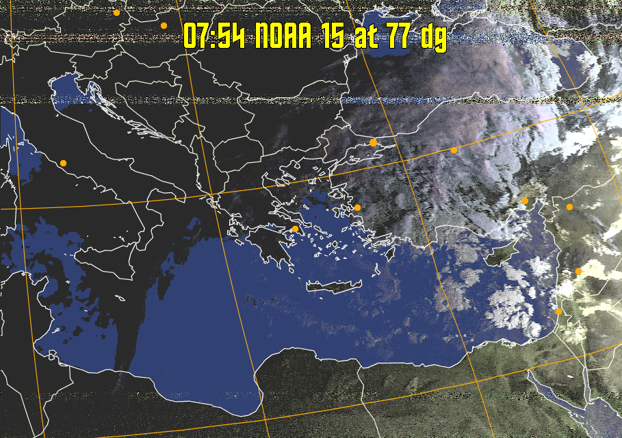 HVCT:
Similar to HVC, but with blue water and with colours more indicative of
land temperatures.
HVC:
Creates a false colour image from NOAA APT images based on temperature using
the HVC colour model. Uses the temperature derived from the sensor 4 image to
select the hue and the brightness from the histogram equalised other image to
select the value and chroma. The HVC colour model attempts to ensure that different colours at the same value will appear to the eye to be the same brightness
and the spacing between colours representing each degree will appear to the eye to
be similar. Bright areas are completely unsaturated in this model.