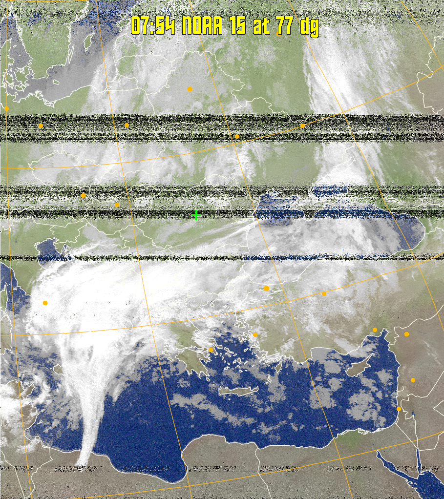 MCIR-precip: 
Colours the NOAA sensor 4 IR image using a map to colour the sea blue and land
green. High clouds appear white, lower clouds gray or land/sea coloured, clouds
generally appear lighter, but distinguishing between land/sea and low cloud may
be difficult. Darker colours indicate warmer regions.