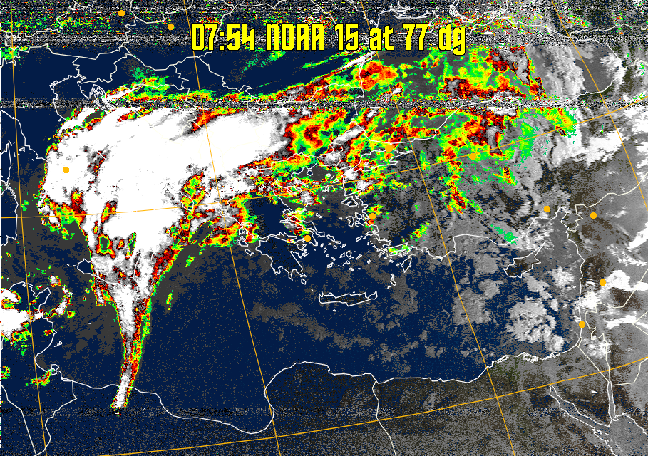 MSA-precip:
Same as MSA multispectral analysis, but high cold cloud tops are coloured the
same as the NO enhancement to give an approximate indication of the probability
and intensity of precipitation.