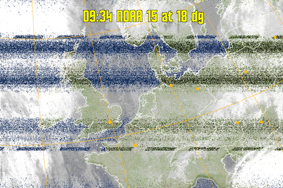 MCIR-precip: 
Colours the NOAA sensor 4 IR image using a map to colour the sea blue and land
green. High clouds appear white, lower clouds gray or land/sea coloured, clouds
generally appear lighter, but distinguishing between land/sea and low cloud may
be difficult. Darker colours indicate warmer regions.