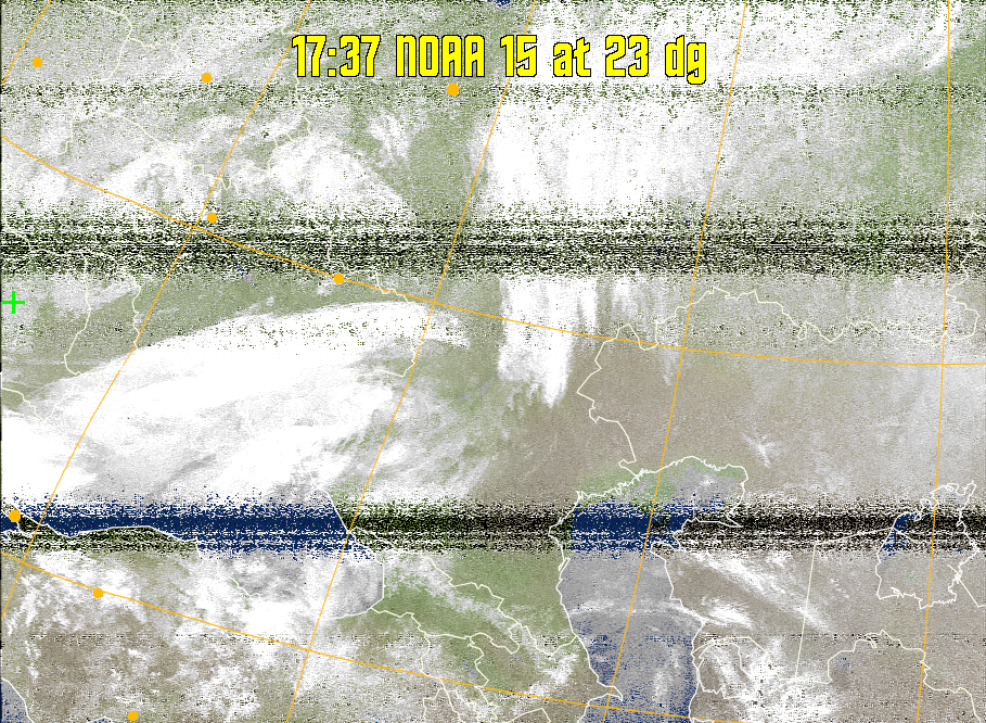 MCIR-precip: 
Colours the NOAA sensor 4 IR image using a map to colour the sea blue and land
green. High clouds appear white, lower clouds gray or land/sea coloured, clouds
generally appear lighter, but distinguishing between land/sea and low cloud may
be difficult. Darker colours indicate warmer regions.