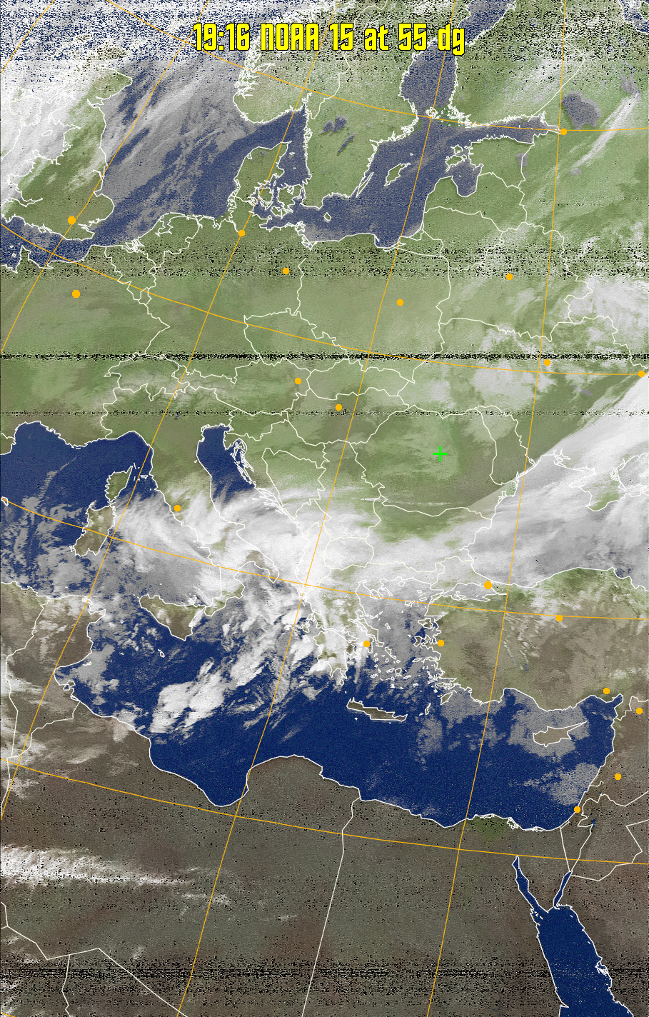 MCIR-precip: 
Colours the NOAA sensor 4 IR image using a map to colour the sea blue and land
green. High clouds appear white, lower clouds gray or land/sea coloured, clouds
generally appear lighter, but distinguishing between land/sea and low cloud may
be difficult. Darker colours indicate warmer regions.