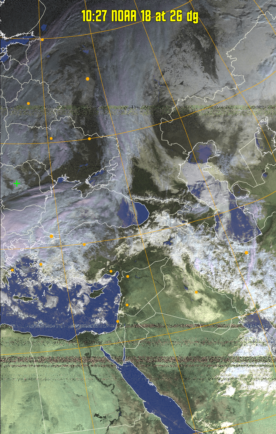 HVCT:
Similar to HVC, but with blue water and with colours more indicative of
land temperatures.
HVC:
Creates a false colour image from NOAA APT images based on temperature using
the HVC colour model. Uses the temperature derived from the sensor 4 image to
select the hue and the brightness from the histogram equalised other image to
select the value and chroma. The HVC colour model attempts to ensure that different colours at the same value will appear to the eye to be the same brightness
and the spacing between colours representing each degree will appear to the eye to
be similar. Bright areas are completely unsaturated in this model.