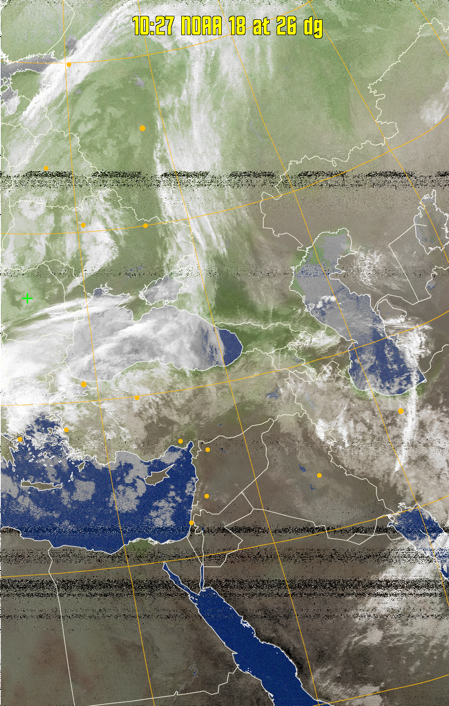 MCIR-precip: 
Colours the NOAA sensor 4 IR image using a map to colour the sea blue and land
green. High clouds appear white, lower clouds gray or land/sea coloured, clouds
generally appear lighter, but distinguishing between land/sea and low cloud may
be difficult. Darker colours indicate warmer regions.