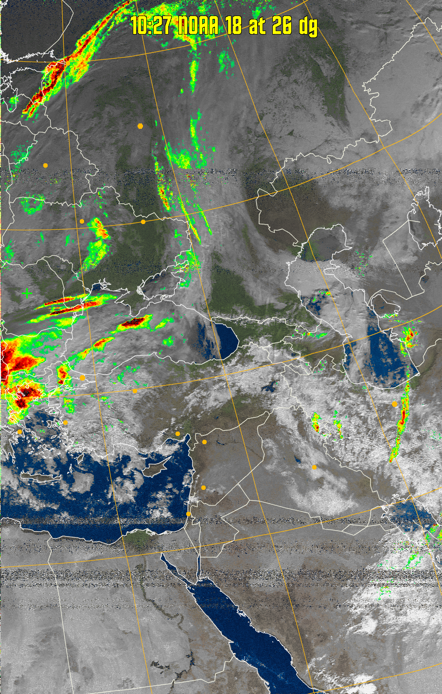 MSA-precip:
Same as MSA multispectral analysis, but high cold cloud tops are coloured the
same as the NO enhancement to give an approximate indication of the probability
and intensity of precipitation.