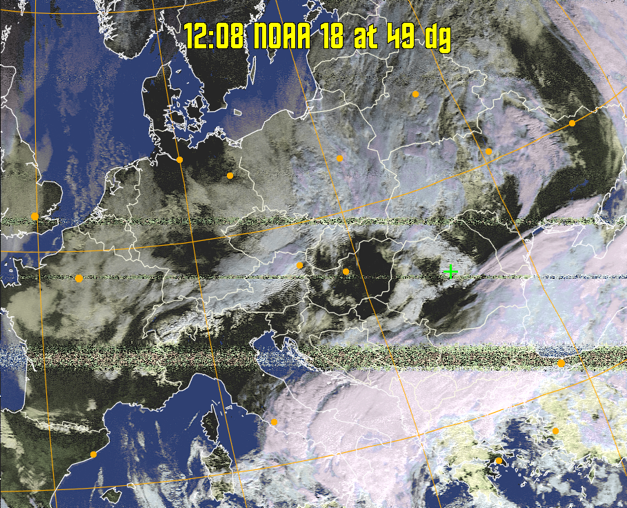 HVCT:
Similar to HVC, but with blue water and with colours more indicative of
land temperatures.
HVC:
Creates a false colour image from NOAA APT images based on temperature using
the HVC colour model. Uses the temperature derived from the sensor 4 image to
select the hue and the brightness from the histogram equalised other image to
select the value and chroma. The HVC colour model attempts to ensure that different colours at the same value will appear to the eye to be the same brightness
and the spacing between colours representing each degree will appear to the eye to
be similar. Bright areas are completely unsaturated in this model.