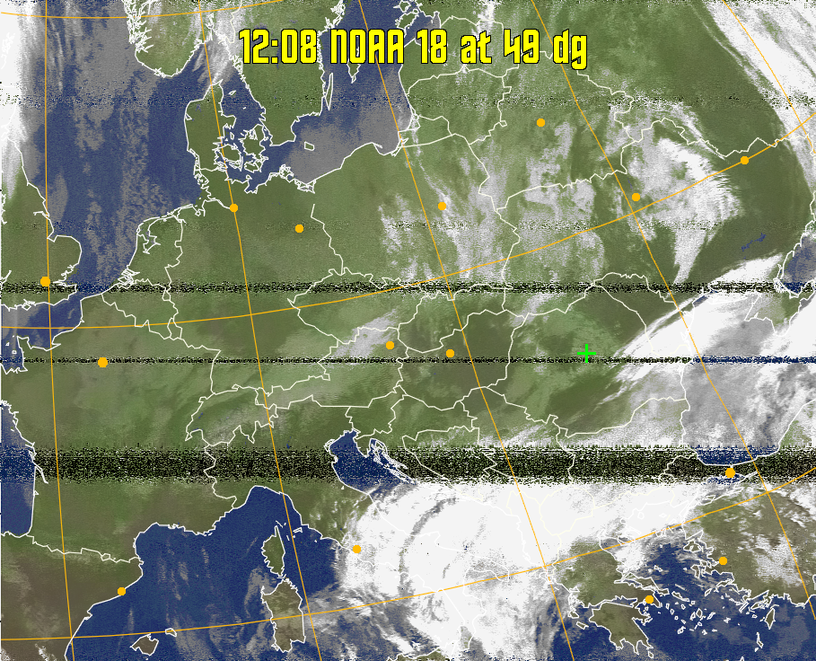 MCIR-precip: 
Colours the NOAA sensor 4 IR image using a map to colour the sea blue and land
green. High clouds appear white, lower clouds gray or land/sea coloured, clouds
generally appear lighter, but distinguishing between land/sea and low cloud may
be difficult. Darker colours indicate warmer regions.