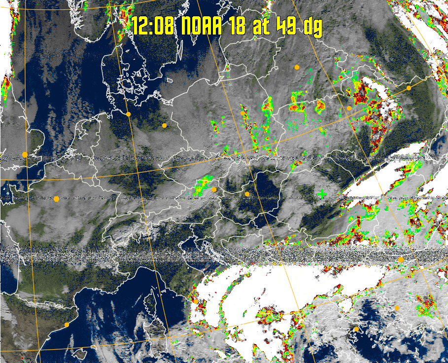 MSA-precip:
Same as MSA multispectral analysis, but high cold cloud tops are coloured the
same as the NO enhancement to give an approximate indication of the probability
and intensity of precipitation.