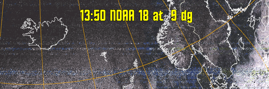 HVCT:
Similar to HVC, but with blue water and with colours more indicative of
land temperatures.
HVC:
Creates a false colour image from NOAA APT images based on temperature using
the HVC colour model. Uses the temperature derived from the sensor 4 image to
select the hue and the brightness from the histogram equalised other image to
select the value and chroma. The HVC colour model attempts to ensure that different colours at the same value will appear to the eye to be the same brightness
and the spacing between colours representing each degree will appear to the eye to
be similar. Bright areas are completely unsaturated in this model.