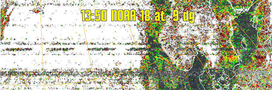 MSA-precip:
Same as MSA multispectral analysis, but high cold cloud tops are coloured the
same as the NO enhancement to give an approximate indication of the probability
and intensity of precipitation.