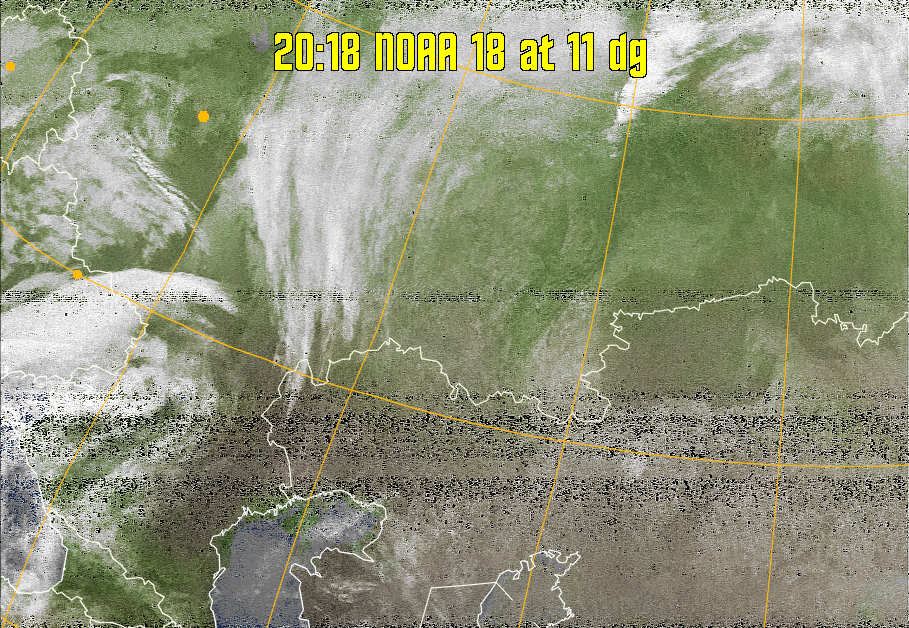 MCIR-precip: 
Colours the NOAA sensor 4 IR image using a map to colour the sea blue and land
green. High clouds appear white, lower clouds gray or land/sea coloured, clouds
generally appear lighter, but distinguishing between land/sea and low cloud may
be difficult. Darker colours indicate warmer regions.