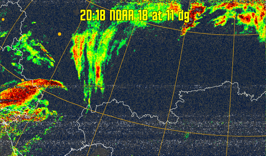 MSA-precip:
Same as MSA multispectral analysis, but high cold cloud tops are coloured the
same as the NO enhancement to give an approximate indication of the probability
and intensity of precipitation.