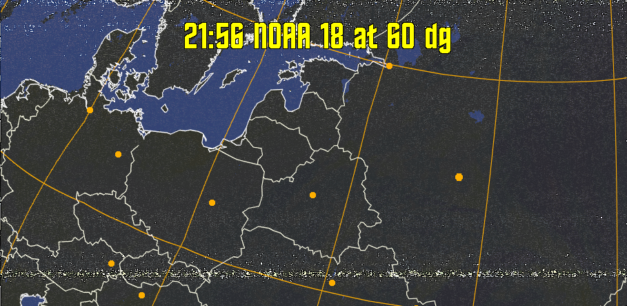 HVCT:
Similar to HVC, but with blue water and with colours more indicative of
land temperatures.
HVC:
Creates a false colour image from NOAA APT images based on temperature using
the HVC colour model. Uses the temperature derived from the sensor 4 image to
select the hue and the brightness from the histogram equalised other image to
select the value and chroma. The HVC colour model attempts to ensure that different colours at the same value will appear to the eye to be the same brightness
and the spacing between colours representing each degree will appear to the eye to
be similar. Bright areas are completely unsaturated in this model.