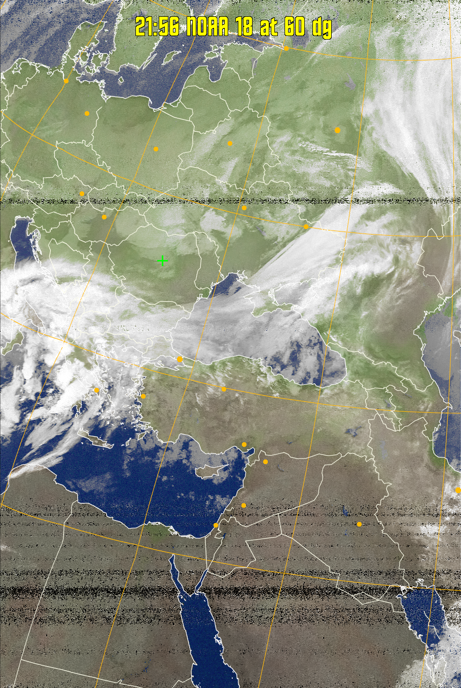 MCIR-precip: 
Colours the NOAA sensor 4 IR image using a map to colour the sea blue and land
green. High clouds appear white, lower clouds gray or land/sea coloured, clouds
generally appear lighter, but distinguishing between land/sea and low cloud may
be difficult. Darker colours indicate warmer regions.