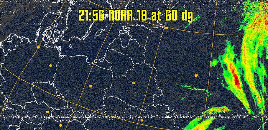 MSA-precip:
Same as MSA multispectral analysis, but high cold cloud tops are coloured the
same as the NO enhancement to give an approximate indication of the probability
and intensity of precipitation.