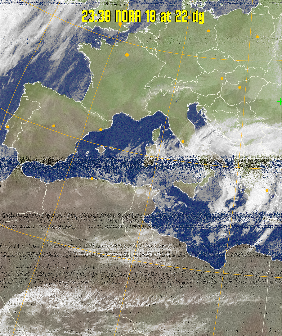 MCIR-precip: 
Colours the NOAA sensor 4 IR image using a map to colour the sea blue and land
green. High clouds appear white, lower clouds gray or land/sea coloured, clouds
generally appear lighter, but distinguishing between land/sea and low cloud may
be difficult. Darker colours indicate warmer regions.