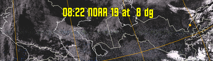 HVCT:
Similar to HVC, but with blue water and with colours more indicative of
land temperatures.
HVC:
Creates a false colour image from NOAA APT images based on temperature using
the HVC colour model. Uses the temperature derived from the sensor 4 image to
select the hue and the brightness from the histogram equalised other image to
select the value and chroma. The HVC colour model attempts to ensure that different colours at the same value will appear to the eye to be the same brightness
and the spacing between colours representing each degree will appear to the eye to
be similar. Bright areas are completely unsaturated in this model.