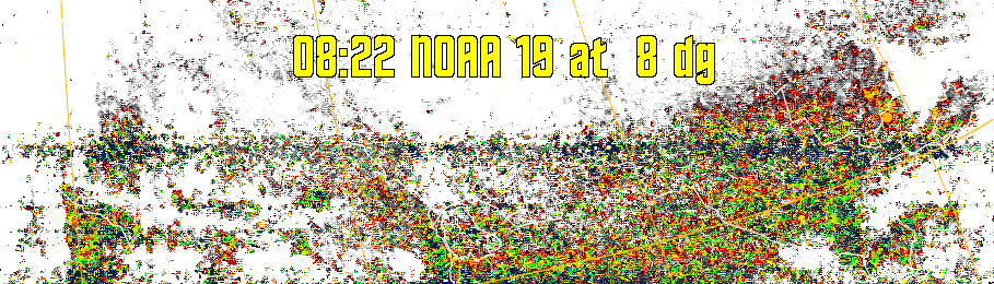 MSA-precip:
Same as MSA multispectral analysis, but high cold cloud tops are coloured the
same as the NO enhancement to give an approximate indication of the probability
and intensity of precipitation.