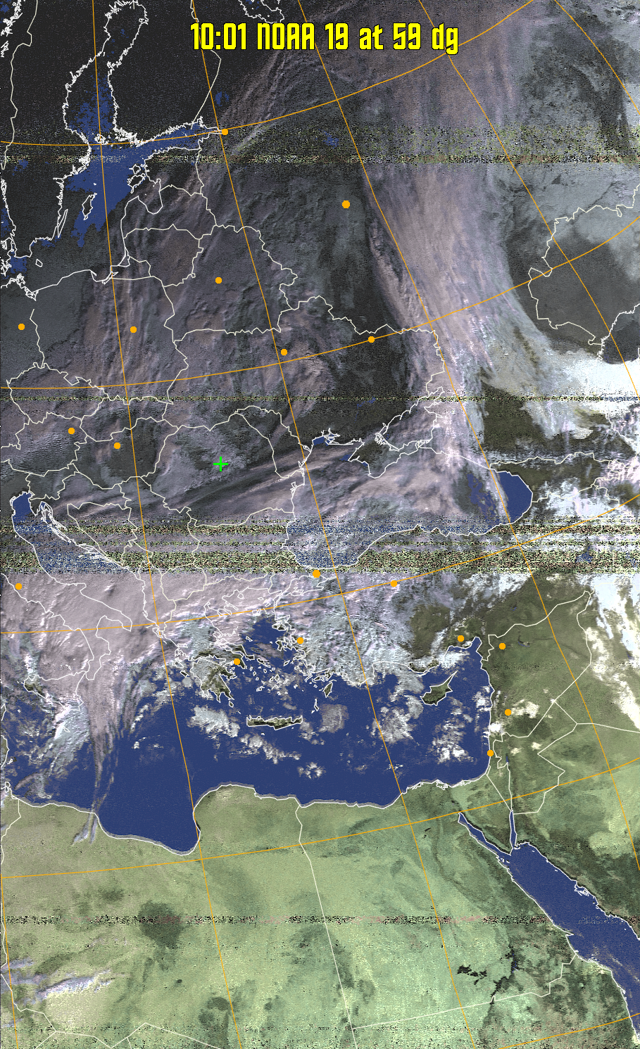 HVCT:
Similar to HVC, but with blue water and with colours more indicative of
land temperatures.
HVC:
Creates a false colour image from NOAA APT images based on temperature using
the HVC colour model. Uses the temperature derived from the sensor 4 image to
select the hue and the brightness from the histogram equalised other image to
select the value and chroma. The HVC colour model attempts to ensure that different colours at the same value will appear to the eye to be the same brightness
and the spacing between colours representing each degree will appear to the eye to
be similar. Bright areas are completely unsaturated in this model.