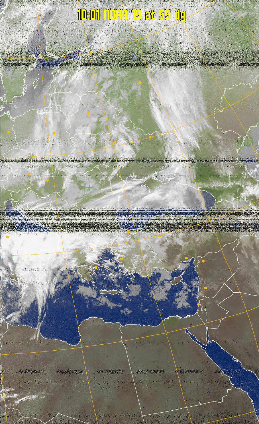 MCIR-precip: 
Colours the NOAA sensor 4 IR image using a map to colour the sea blue and land
green. High clouds appear white, lower clouds gray or land/sea coloured, clouds
generally appear lighter, but distinguishing between land/sea and low cloud may
be difficult. Darker colours indicate warmer regions.