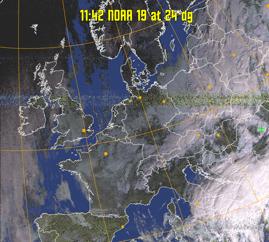 HVCT:
Similar to HVC, but with blue water and with colours more indicative of
land temperatures.
HVC:
Creates a false colour image from NOAA APT images based on temperature using
the HVC colour model. Uses the temperature derived from the sensor 4 image to
select the hue and the brightness from the histogram equalised other image to
select the value and chroma. The HVC colour model attempts to ensure that different colours at the same value will appear to the eye to be the same brightness
and the spacing between colours representing each degree will appear to the eye to
be similar. Bright areas are completely unsaturated in this model.