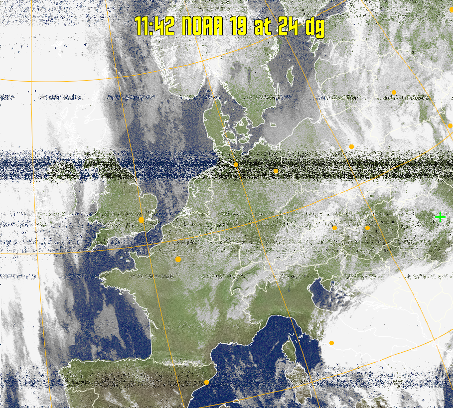 MCIR-precip: 
Colours the NOAA sensor 4 IR image using a map to colour the sea blue and land
green. High clouds appear white, lower clouds gray or land/sea coloured, clouds
generally appear lighter, but distinguishing between land/sea and low cloud may
be difficult. Darker colours indicate warmer regions.